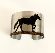 Load image into Gallery viewer, "Wild Spirit" Sepia Toned Aluminum Cuff Bracelet.