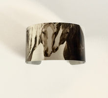 Load image into Gallery viewer, "Soul Mates" Sepia Toned Aluminum Cuff Bracelet.