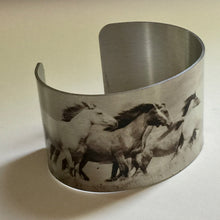 Load image into Gallery viewer, Aluminum Cuff Bracelet. Wild Horse Photo Cuffs "Chasing the Wind"