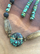 Load image into Gallery viewer, Turquoise necklace with lava and stone highlights. Bohemian turquoise necklace .
