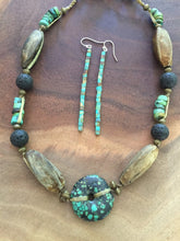 Load image into Gallery viewer, Turquoise necklace with lava and stone highlights. Bohemian turquoise necklace .
