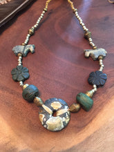 Load image into Gallery viewer, Turquoise necklace with jade and stone highlights.
