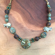 Load image into Gallery viewer, Turquoise necklace with jade and stone highlights. Bohemian turquoise necklace .
