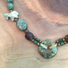 Load image into Gallery viewer, Turquoise necklace with jade and stone highlights. Bohemian turquoise necklace .
