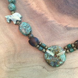 Turquoise necklace with jade and stone highlights. Bohemian turquoise necklace .