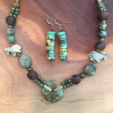 Load image into Gallery viewer, Turquoise necklace with jade and stone highlights. Bohemian turquoise necklace .
