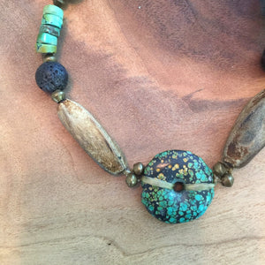 Turquoise necklace with lava and stone highlights. Bohemian turquoise necklace .