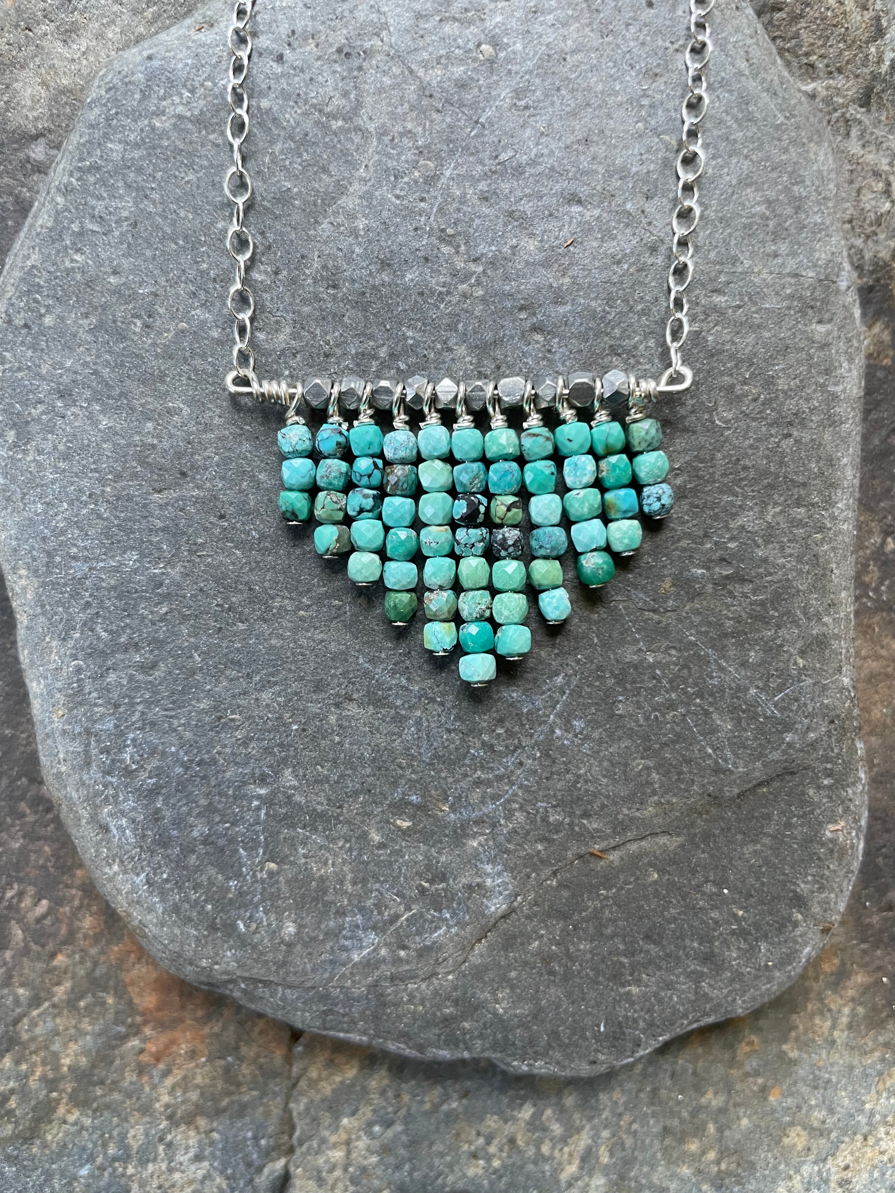 Turquoise waterfall necklace. Raw turquoise beads and accents of